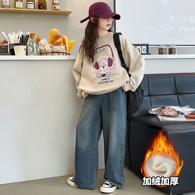 Girls' winter sweatshirt  new style kids' fashionable autumn outfit big kids' spring and autumn fleece-lined pullover loose top