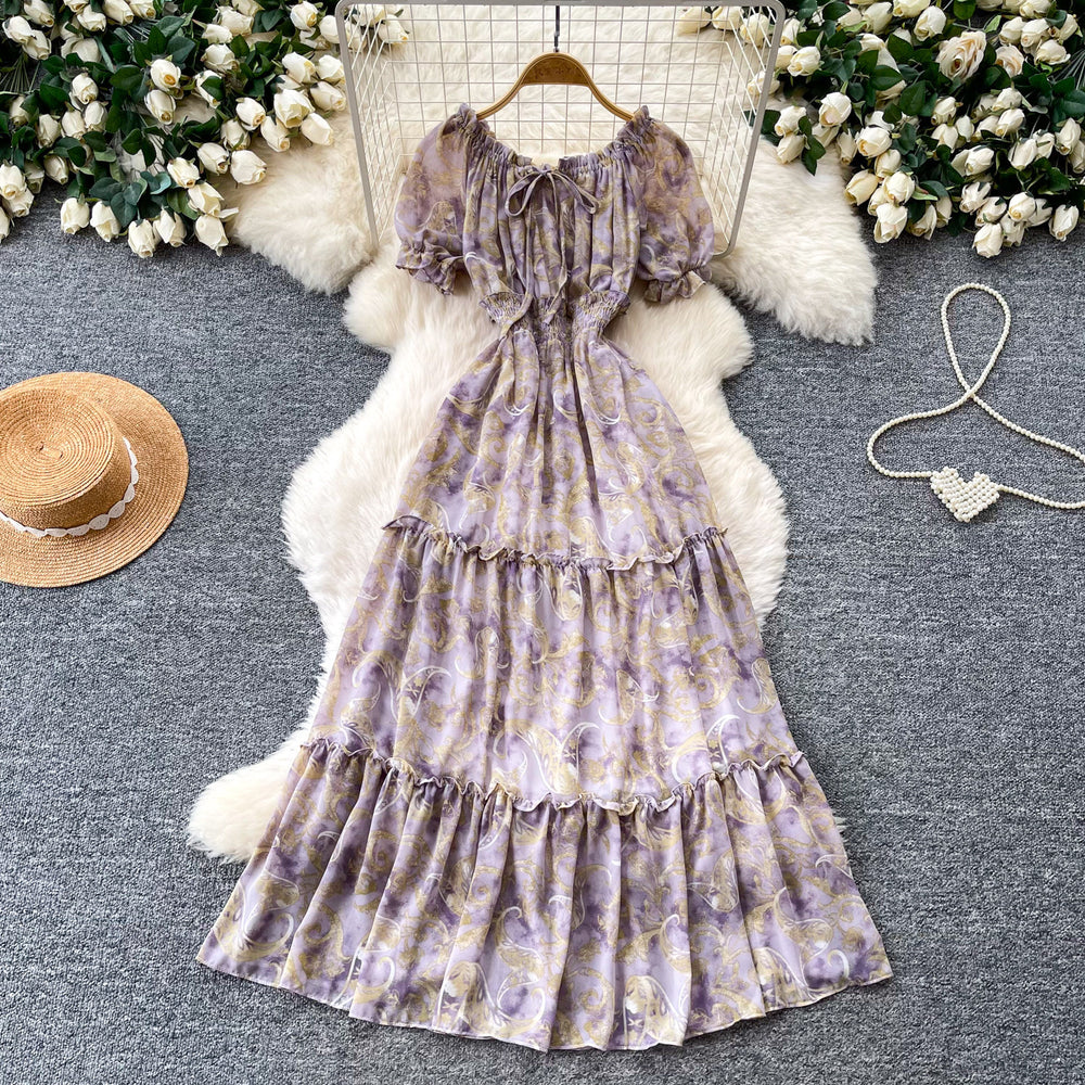 French chic red floral print dress - women's summer korean style ruffle hem a-line maxi dress - slimming and elegant