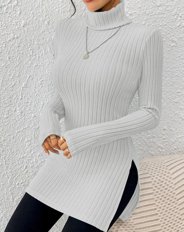 European and American  new women's turtleneck jumper, split-ended slim-fit bottoming shirt, pit striped medium and long top T-shirt