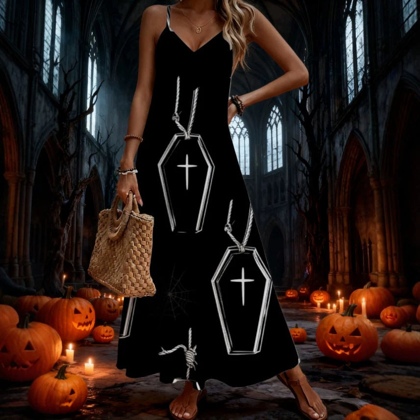halloween pattern printing longdressv neckloose vacation suspender skirt