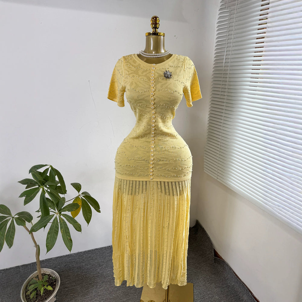 French style beaded knit dress - women's short sleeve high waist a-line dress - slimming, commute-friendly, elegant maxi dress