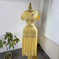 French style beaded knit dress - women's short sleeve high waist a-line dress - slimming, commute-friendly, elegant maxi dress