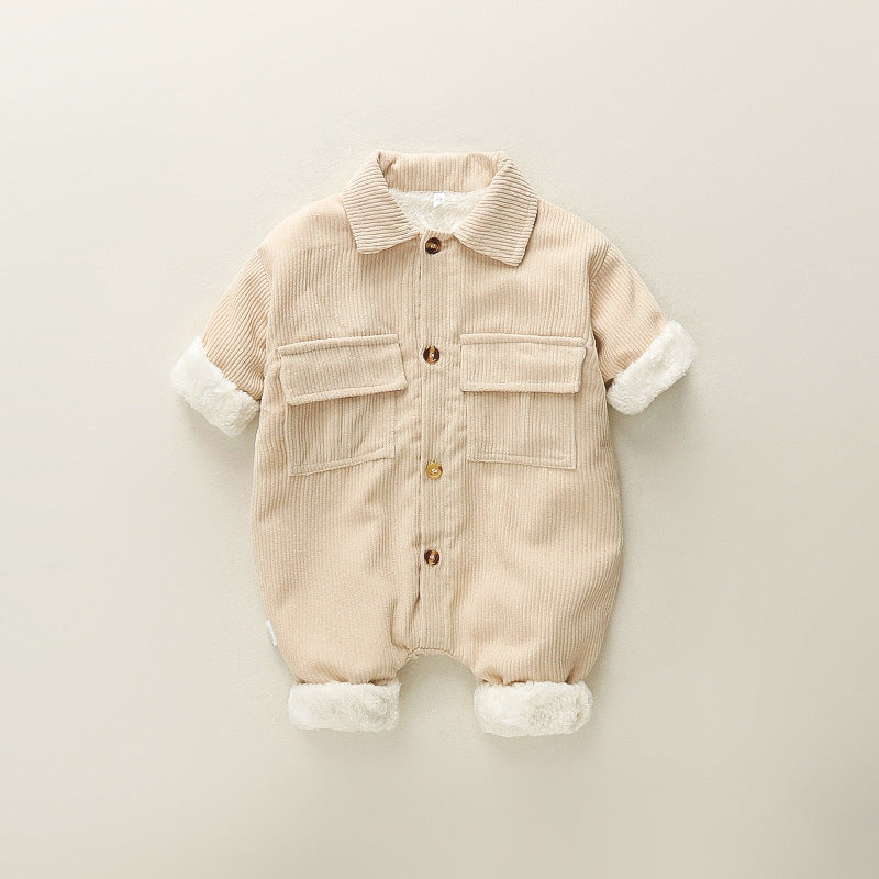 Newborn baby romper set - autumn/winter thickened cotton-padded jumpsuit for warmth, fleece-lined outerwear