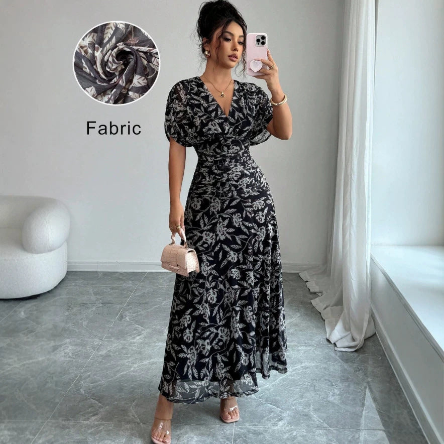 printed midi a-line dress - new french style, v-neck, slimming black dress