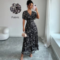 printed midi a-line dress - new french style, v-neck, slimming black dress