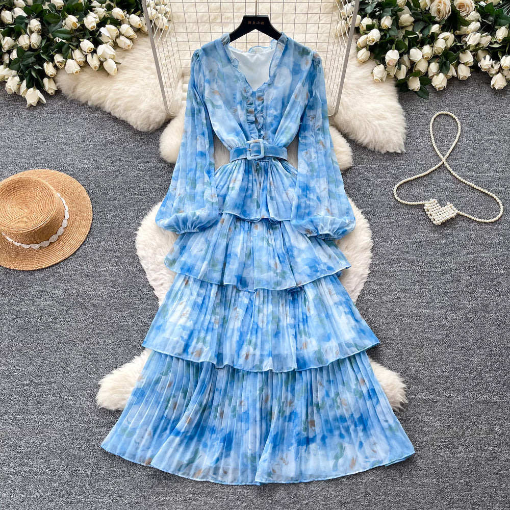 French romantic style printed long sleeve dress - women's spring slimming ruffle pleated tiered cake dress - elegant