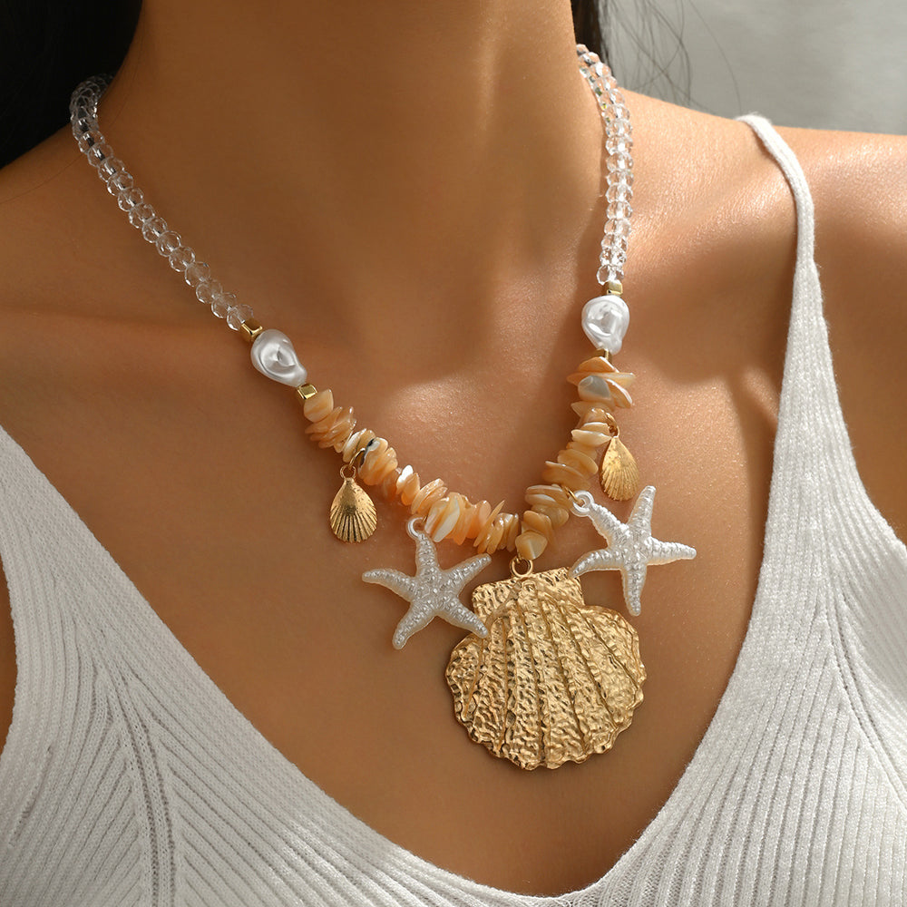 Wholesale cross-border bohemian shell necklaces - summer beach accessories, versatile pearl pendant chokers