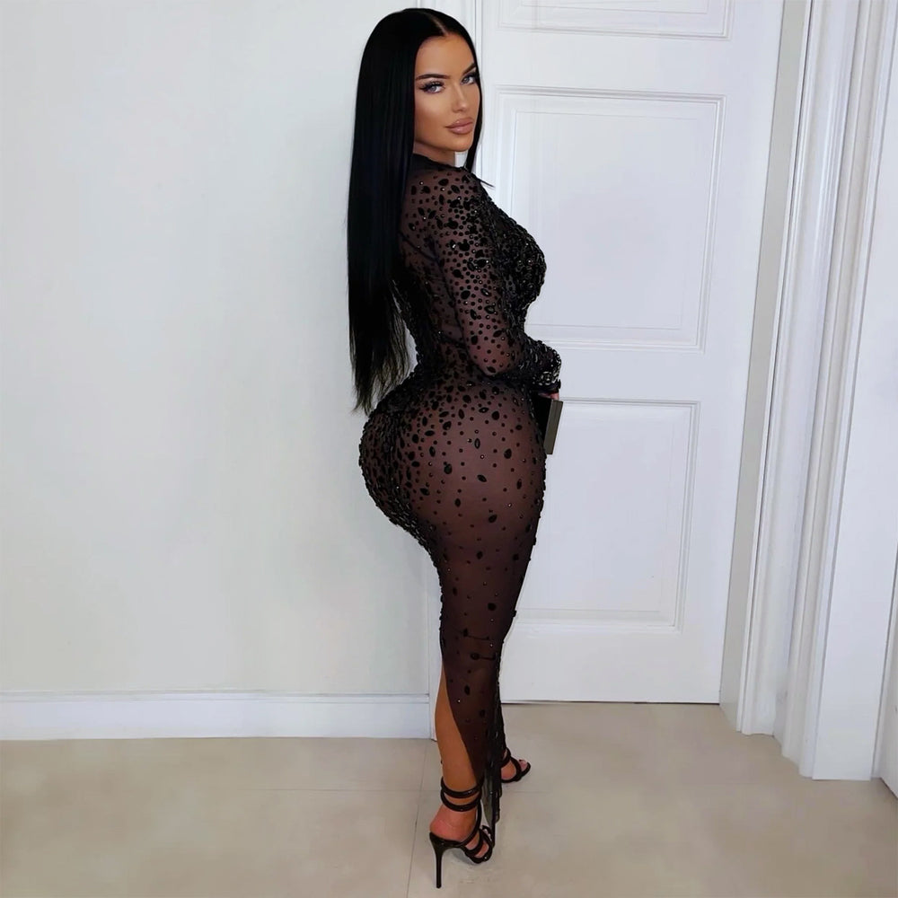 C7596 cross-border   fashion women's sexy see-through mesh rhinestone bodycon dress