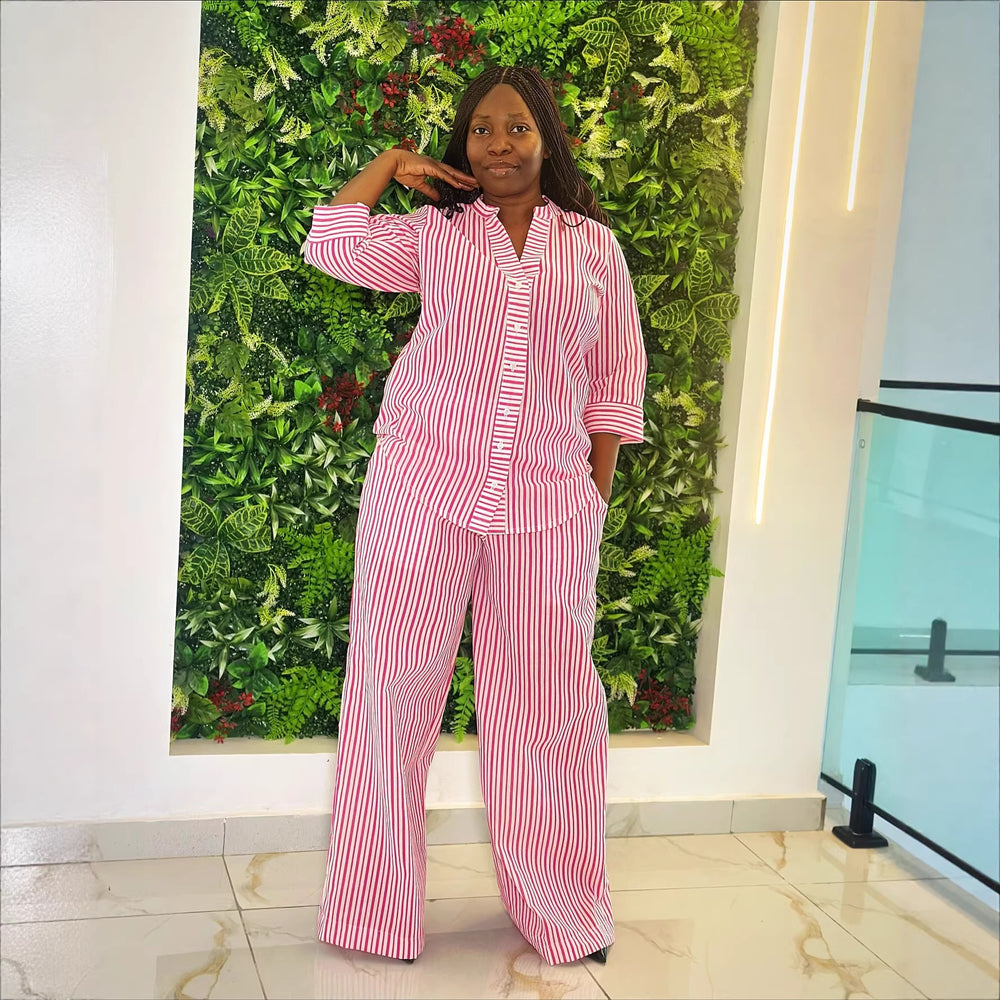European and american cross-border women's fashion:  summer new collection - stylish and elegant striped v-neck loose-fit shirt and wide-leg pants set