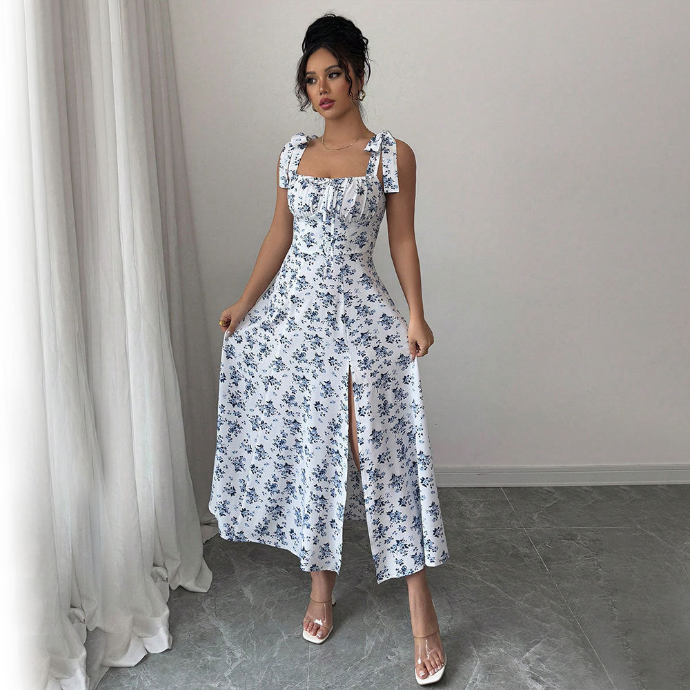 Hot-selling independent station cross-border women's clothing sweet square neck dresssummer floral design suspender slit long skirt