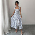 Hot-selling independent station cross-border women's clothing sweet square neck dresssummer floral design suspender slit long skirt