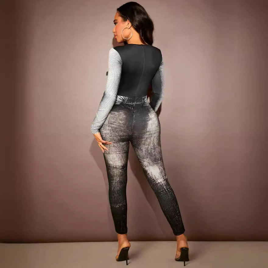 Amazon imitation denim printingstylish women's clothing fashion cross-border summer new arrivallong sleeves tight jumpsuit