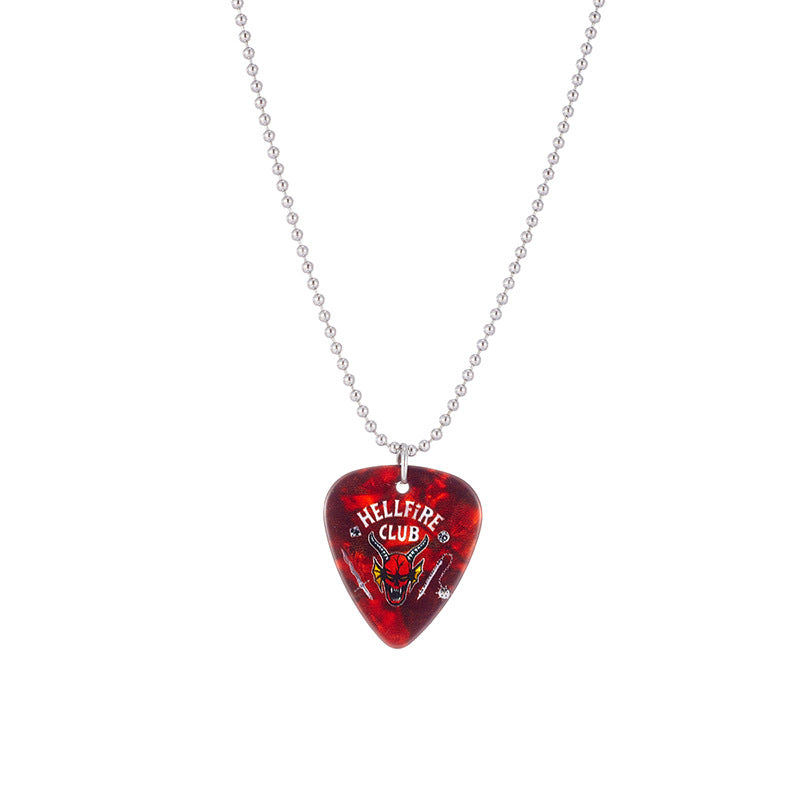 Amazon cross-border new jewelry guitar pick red printed hellfire stainless steel bead chain melon seed buckle necklace