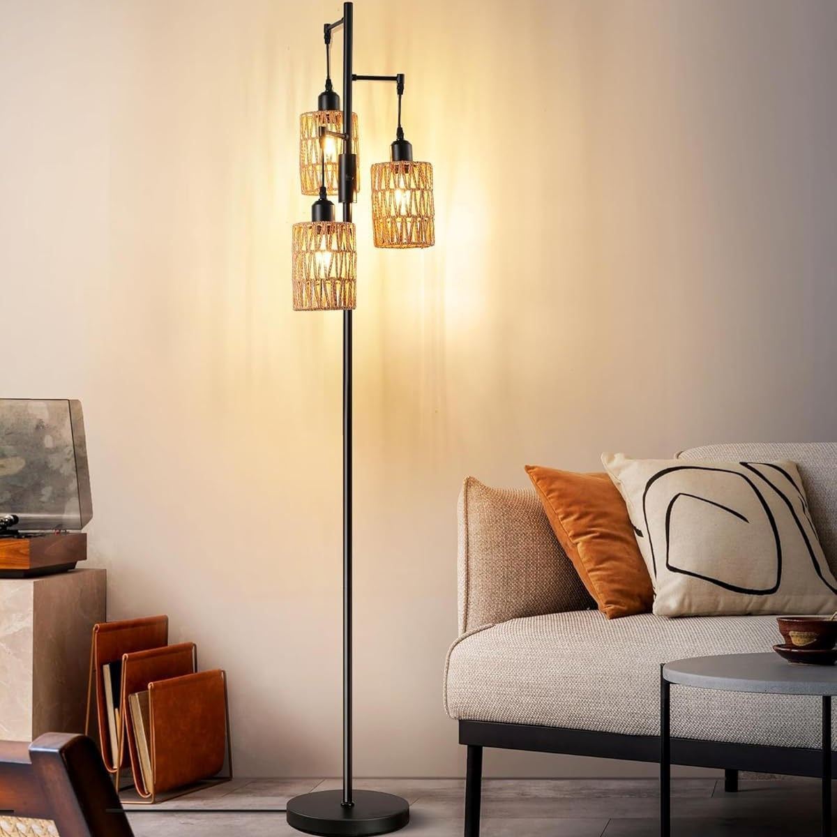 Rattan lampshade floor lamp retro American simple industrial style living room study bedroom standing lamp customization  hot sale