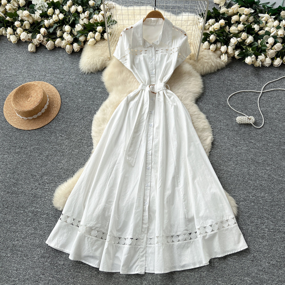 French chic elegant dress - women's  summer design: cutout detail, patchwork, turn-down collar, short sleeves, cinched waist, maxi length