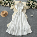 French chic elegant dress - women's  summer design: cutout detail, patchwork, turn-down collar, short sleeves, cinched waist, maxi length