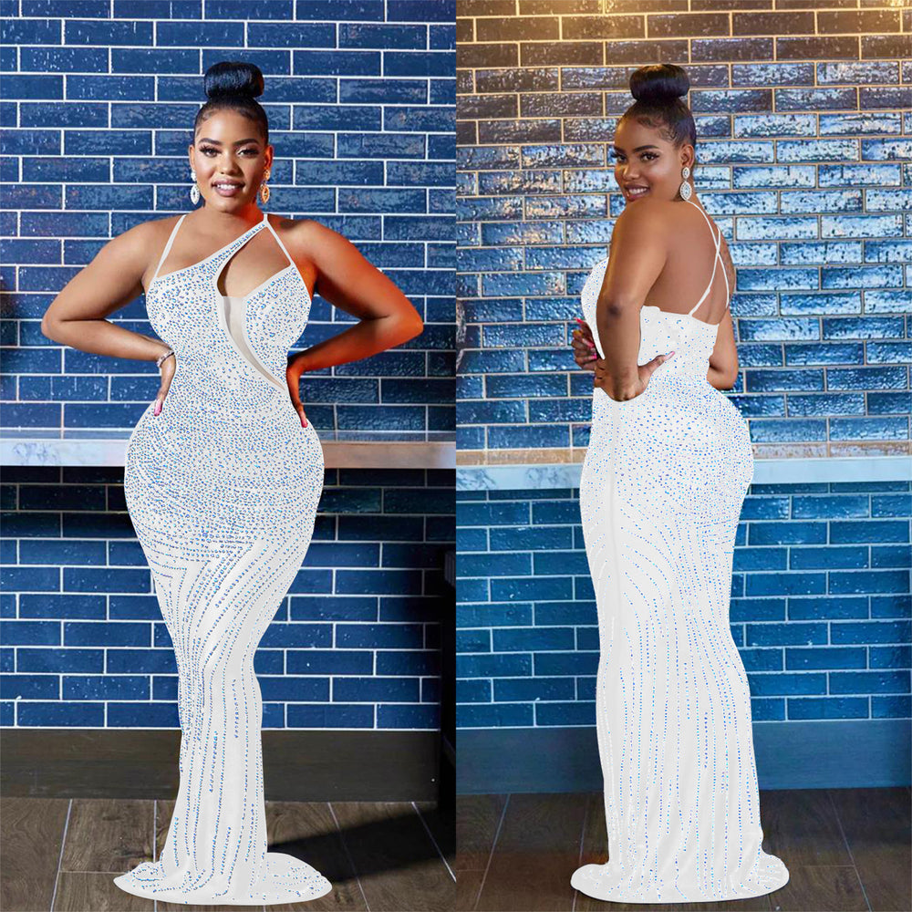 C6075 cross-border   fashion women's mesh rhinestone sleeveless v-neck maxi dress