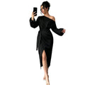 Fashionnew arrival oblique collar off-shoulder long sleevesdress waist pleated asymmetrical slit mid-length skirt elegant evening dress