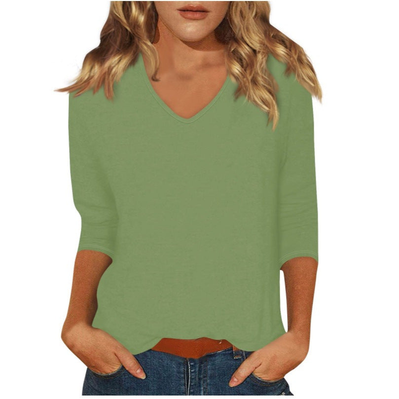 cross-border  women's everyday versatile casual v-neck solid color three-quarter sleeve t-shirt top