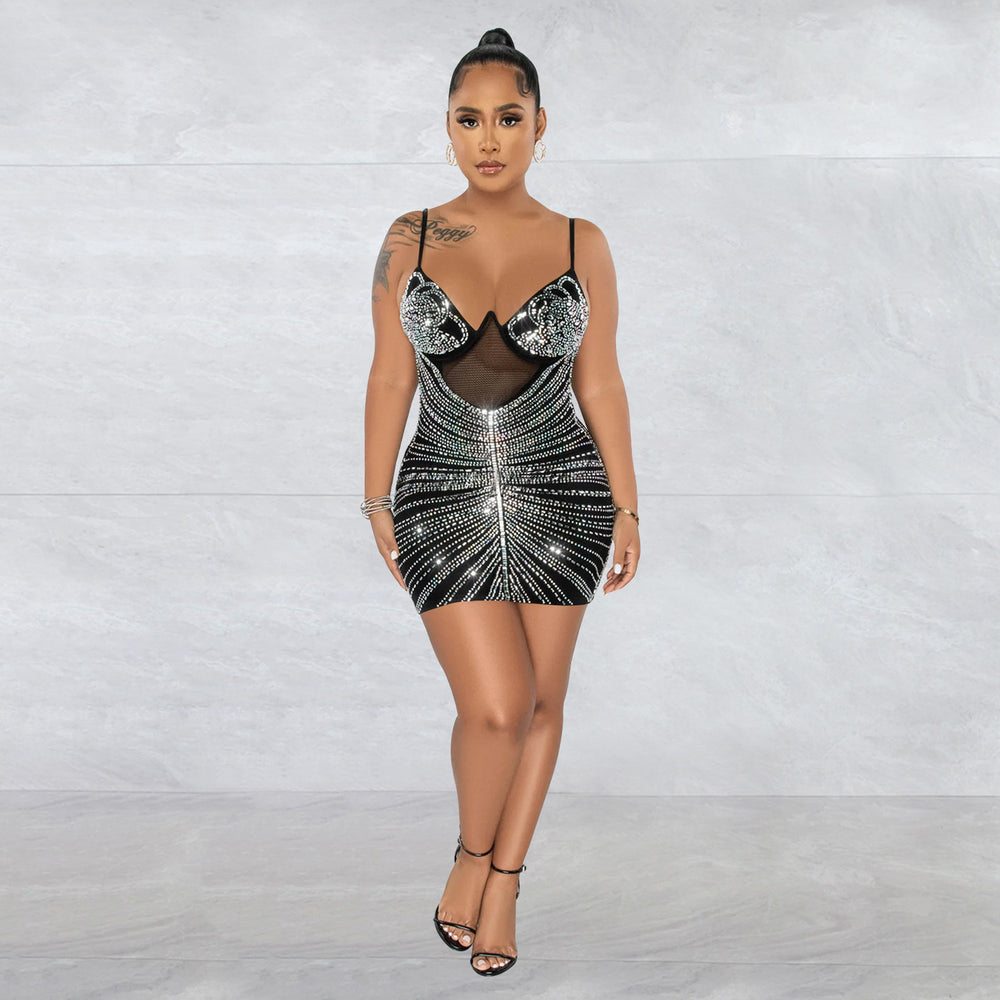 C6257 cross-border   fashion women's rhinestone mesh cami sleeveless mini dress