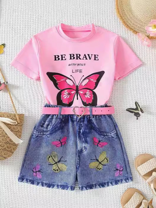 new cross-border girls' fashion set: european & american style butterfly print top + faux denim print pants