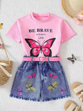 new cross-border girls' fashion set: european & american style butterfly print top + faux denim print pants