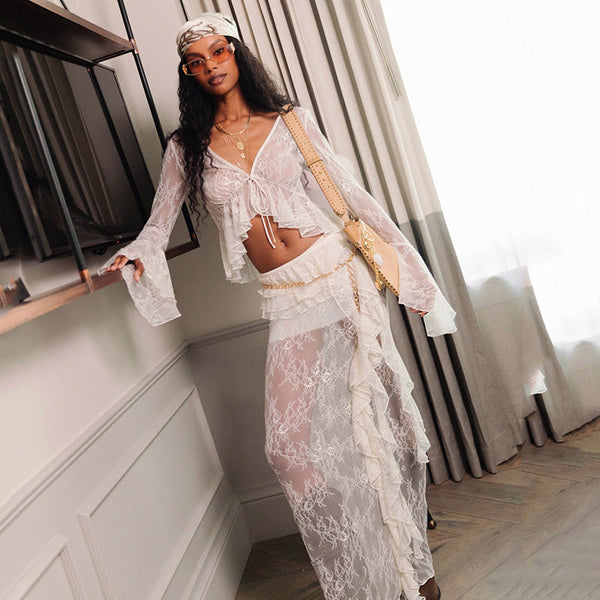 Vacation Style Sexy Perspective Lace Sunscreen Blouse Lace-Up Top Hip Wrap Ribbon Long Dress Spice Girl Suit