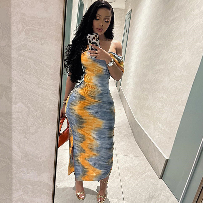 European and American style diagonal collar tight dress medium and long hip skirt printed pullover skirt female manufacturer hair Dress
