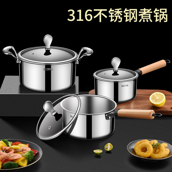Douyin 316L stainless steel uncoated milk pot with lid kitchen multi-functional soup pot household thickened cooking pot wholesale