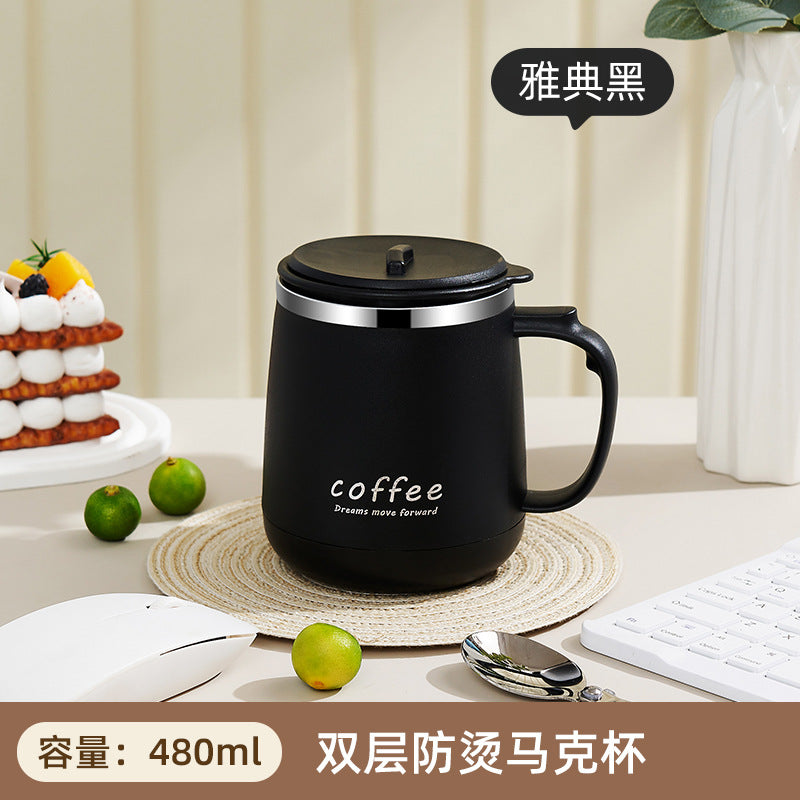 304 stainless steel mug with lid, creative logo design, high-value aesthetic, includes tea infuser, office coffee cup, wholesale gift option
