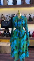 European and american cross-border women's fashion:  summer new arrival - elegant tie-up printed blouse and high-waisted midi skirt set
