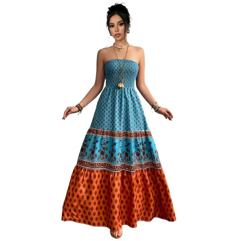 Aliexpress spring/summer new bohemian print beach dress, printed maxi dress