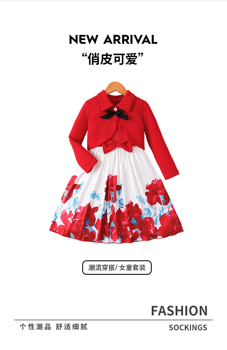 Girls' foreign trade dress set: red lapel jacket, vest dress, printed bowknot two-piece outfit for children