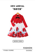 Girls' foreign trade dress set: red lapel jacket, vest dress, printed bowknot two-piece outfit for children