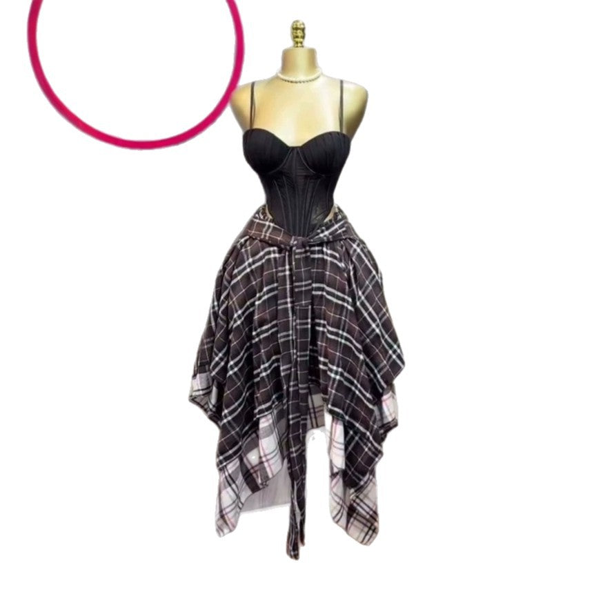 Fashion cross-border women's clothing  summer new style eleganttube top fishbone suspender plaid asymmetrical skirt suit