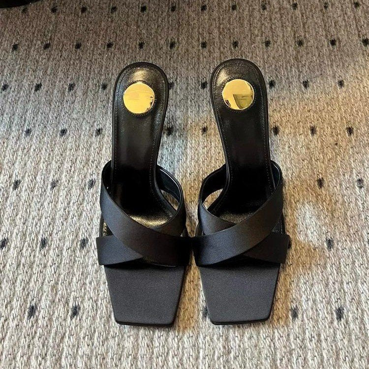 Factory in stock one-strap high-heeled sandals for women cross-strap export best selling special-shaped heels letter heels high-heeled shoes for women
