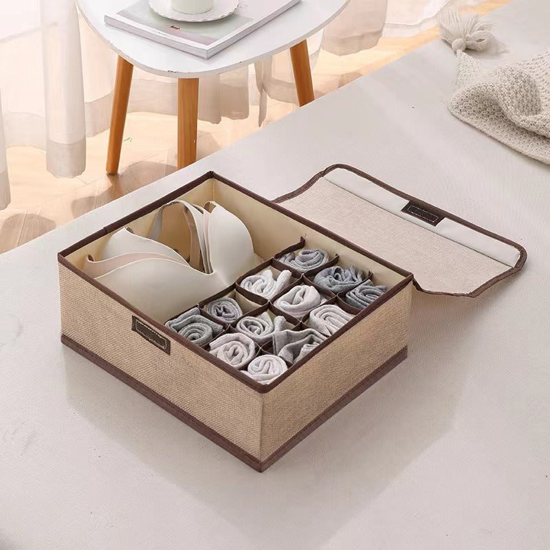 Home cotton and linen underwear storage box sub-format underwear finishing box desktop cosmetics sub-grid covered storage box