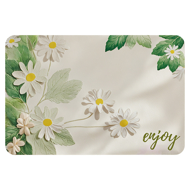 Small fresh green shadow white flower non-slip foot mat at the entrance of the household bathroom, toilet washbasin, absorbent diatom mud floor mat