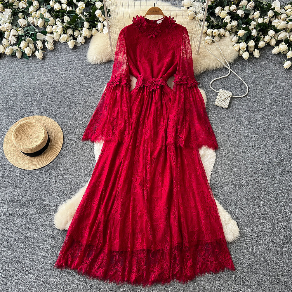 French romantic red lace dress - women's long sleeve a-line maxi dress - elegant, slimming, and flowy