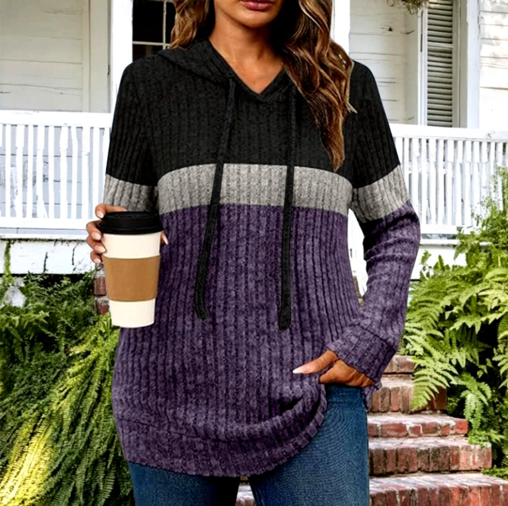 cross-border women's fashion color block warm knit pullover long sleeve hoodie top
