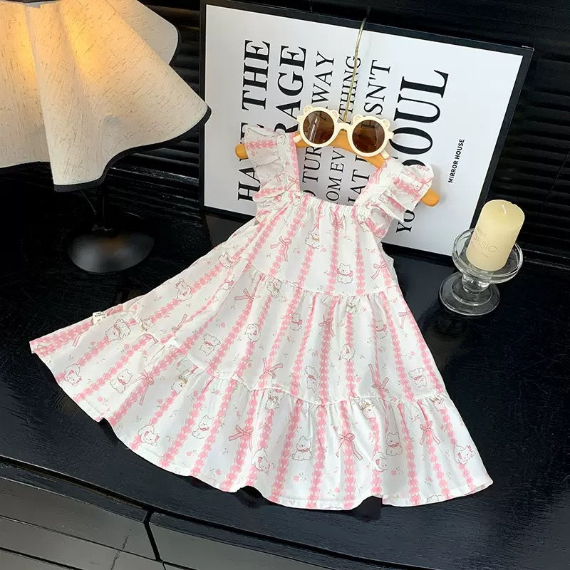 [family wear] children's cotton silk suspender dress sleeveless cake skirt summer thin flying sleeve western style floral skirt