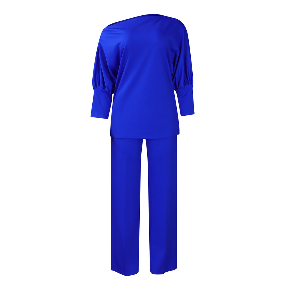 D3298 women's foreign trade  autumn fashion solid color asymmetrical neck top wide leg pants african cross-border set