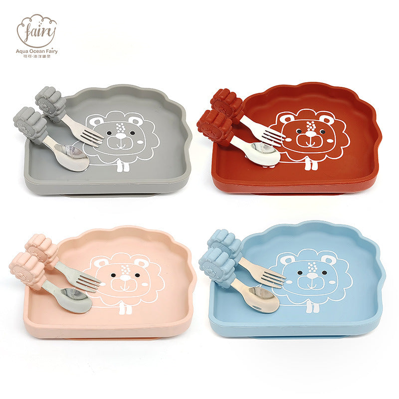 Food-grade silicone tableware, eating 2-piece set, animal lion-shaped dinner plate, stainless steel fork and spoon tableware set