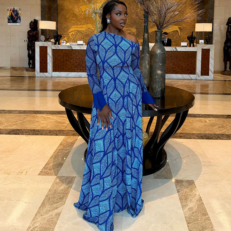 European and american style ins cross-border slimming fresh women's clothing pleated elegantwork clothing a-line skirt one-shoulder collar diagonal long sleevesdress