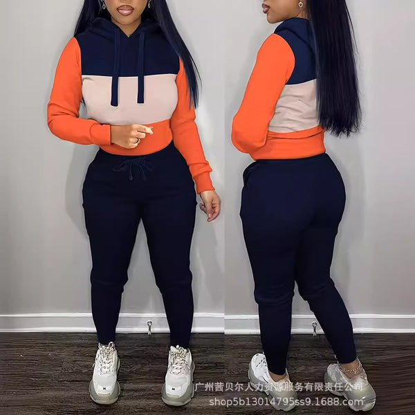 TK6258E European and American 2024 women's clothing contrasting color hood long-sleeved sweater + pants set 2-piece set
