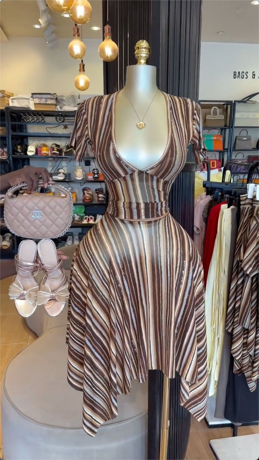 European and american cross-border women's fashion  summer new sexy elegant v-neck striped print top and midi skirt set