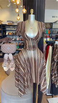 European and american cross-border women's fashion  summer new sexy elegant v-neck striped print top and midi skirt set