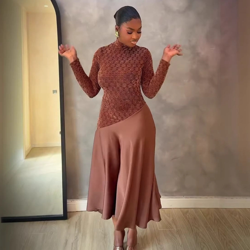 European and american cross-border women's fashion:  spring new arrival - elegant mock neck brown patchwork a-line midi dress