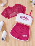 children's camisole set, featuring a three-color mesh cover-up and a letter-printed top. a retro sporty three-piece outfit for kids