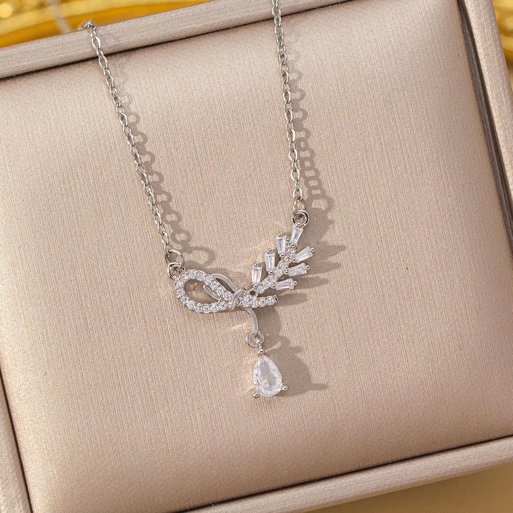 [copper inlaid with zirconium] new style full diamond bow and wheat ear necklace for women, exquisite high-end accessible luxury versatile clavicle chain jewelry